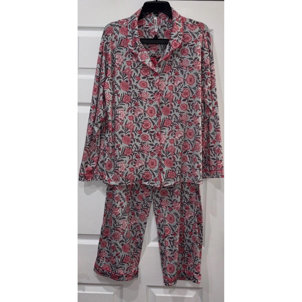 Flora Nikrooz Pajama Set Women XL Pink Green Floral Print Top & Pants Sleepwear - Picture 3 of 15
